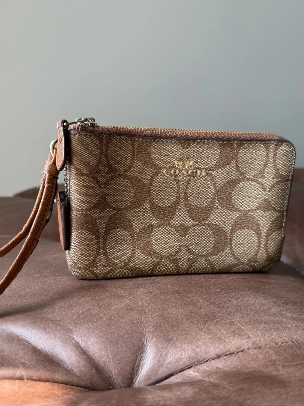 Coach Tan Signature Canvas Wristlet with Gold Logo